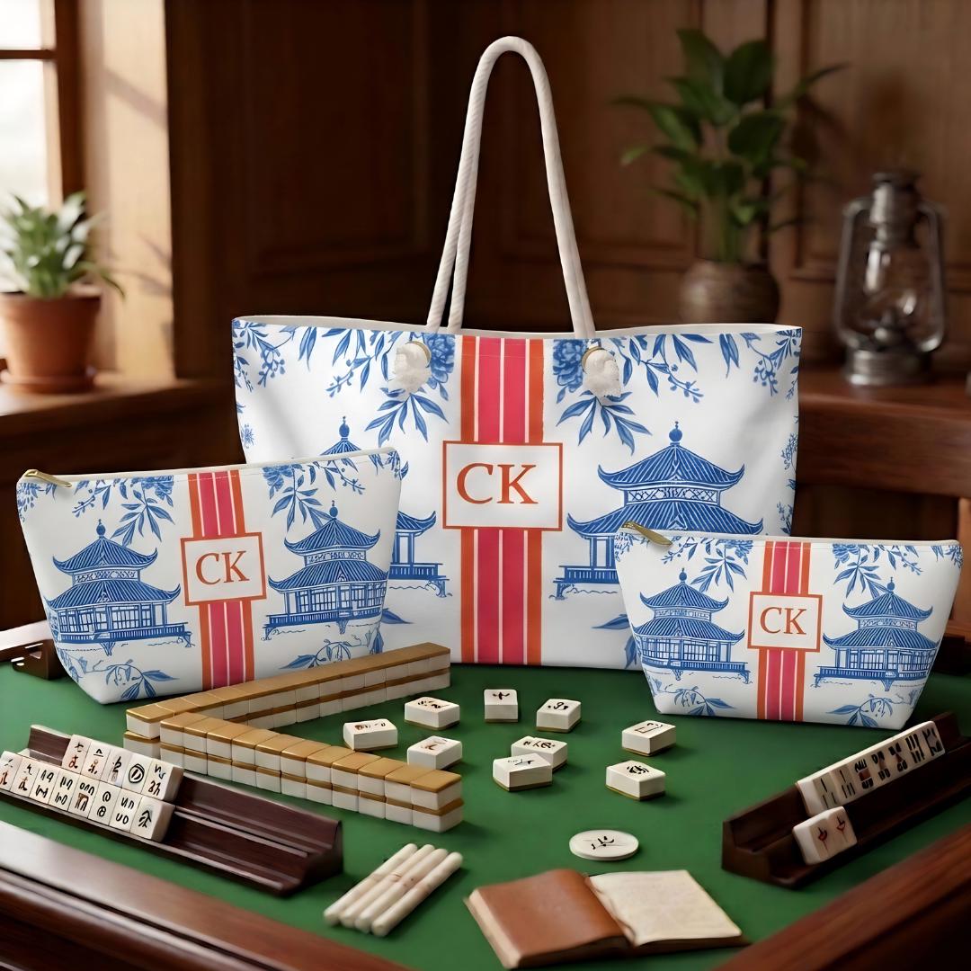 Personalized Blue Pagoda Mahjong Bag Set, Custom Initial Chinoiserie Tote and Pouch Set, Red Orange Stripe Game Night Travel Organizer Gift