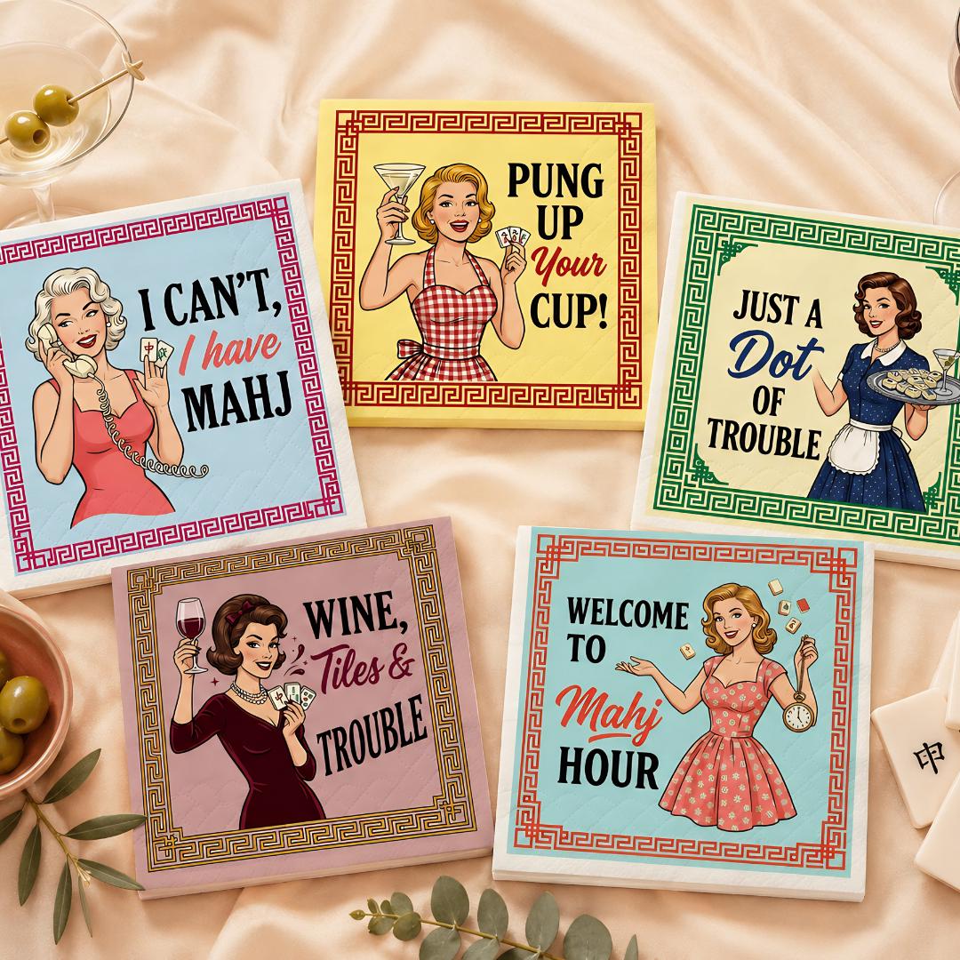 Funny Mahjong Napkins Set of 50, 3 Ply Cocktail Luncheon Napkins, Choose 1 of 5 Retro Mahj Party Designs for Game Night