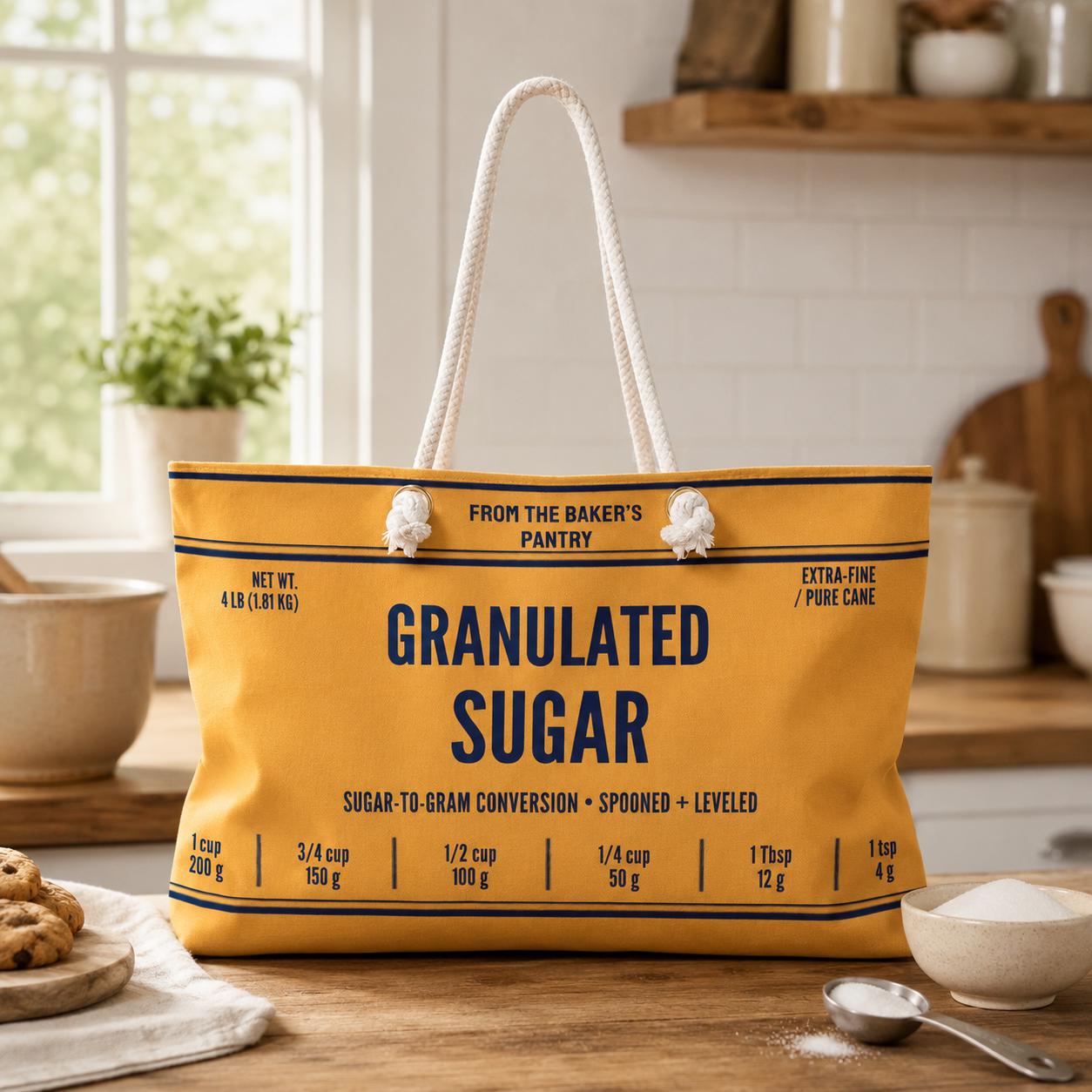 Granulated Sugar Tote Bag, Baking Lover Gift Bag, Vintage Pantry Inspired Market Tote, Funny Baker Canvas Bag, Kitchen Grocery Tote