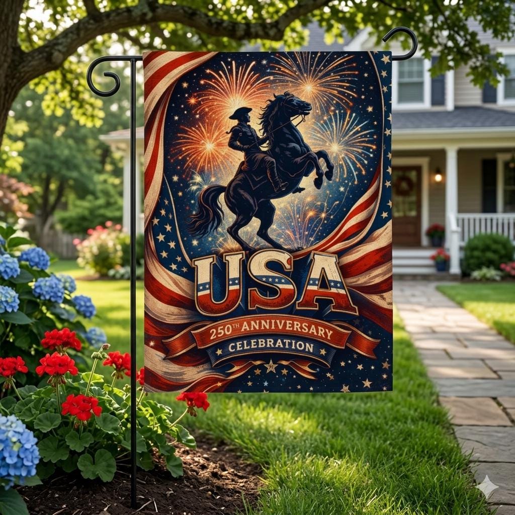 USA 250th Anniversary Garden Flag, Patriotic Horse Rider Fireworks Flag Independence Day Outdoor Yard Decor, Banner 12"x18" (Made in USA)