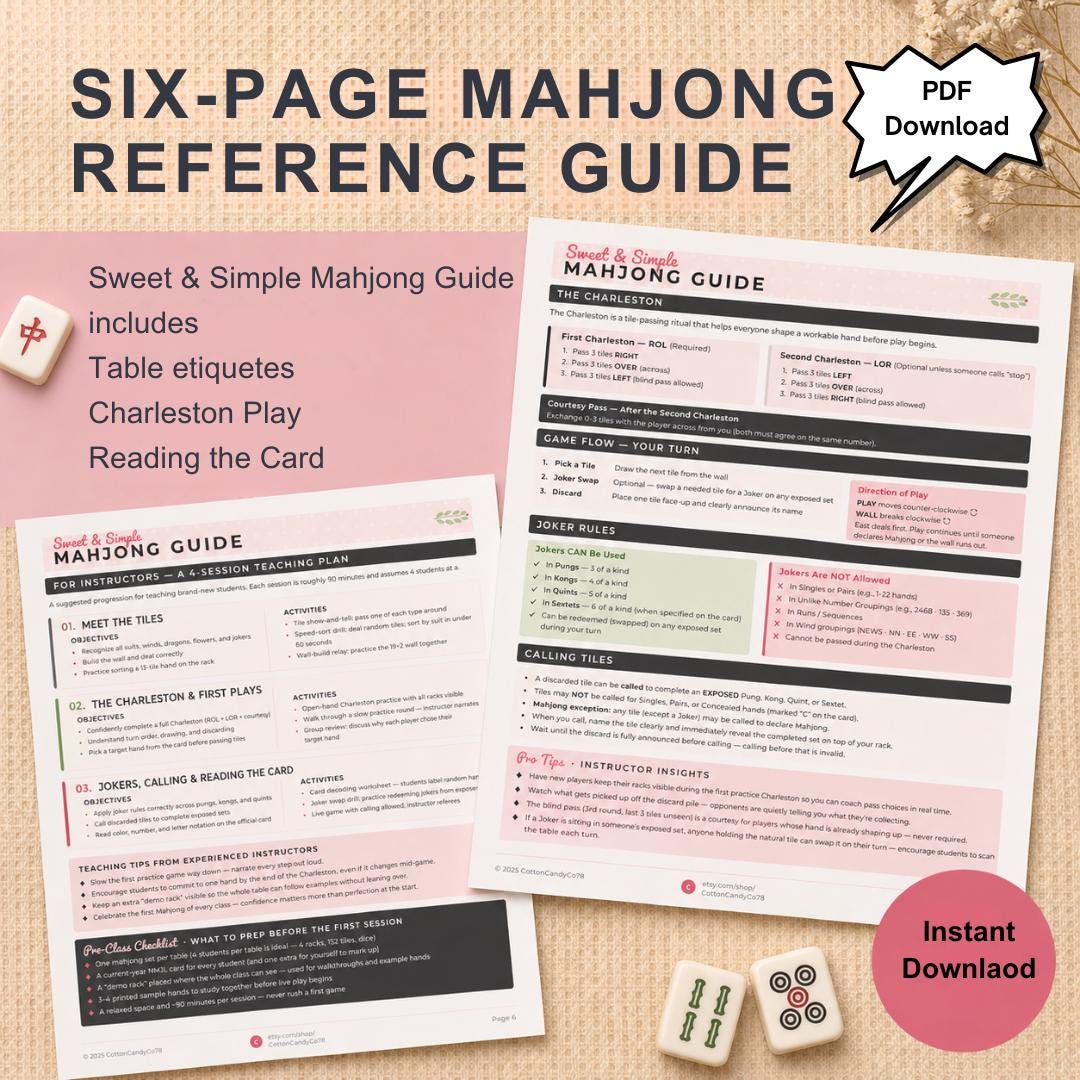 Mahjong Guide Printable | American MahJong Cheat Sheet | Instructor Reference | Beginner Tutorial | Charleston Joker Rules | PDF Download