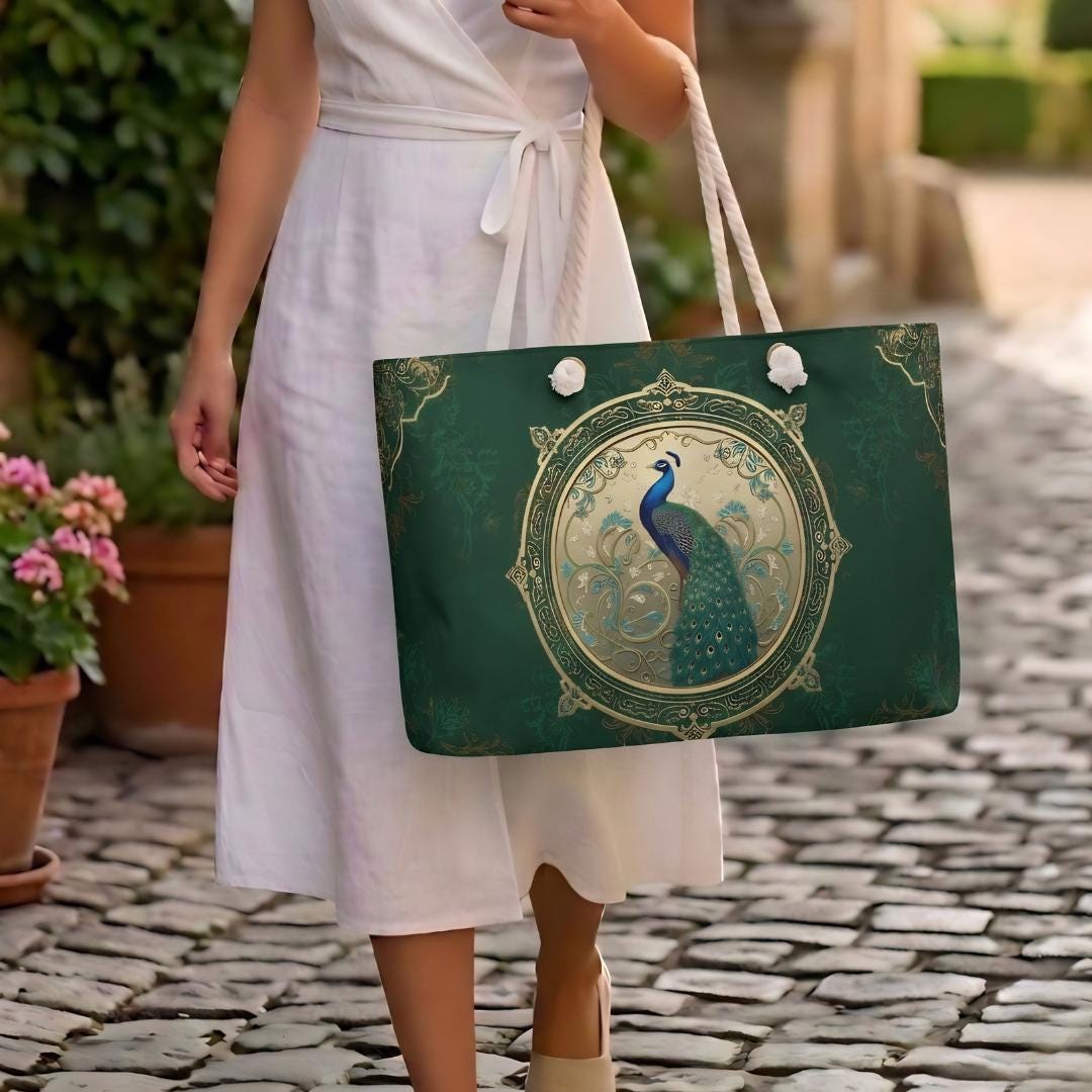 Green Peacock Mahjong Tote Bag and Pouch, Elegant Chinoiserie Travel Bag, Floral Game Night Organizer Gift for Mahjong Players