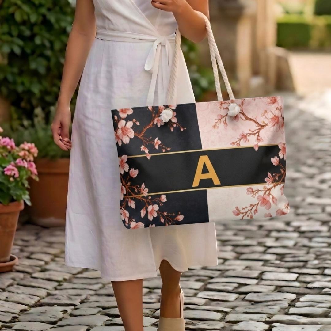 Personalized Mahjong Tote Bag Set with Initial, Cherry Blossom Design, Large Tile Storage Bag, Matching Zipper Pouch Gift