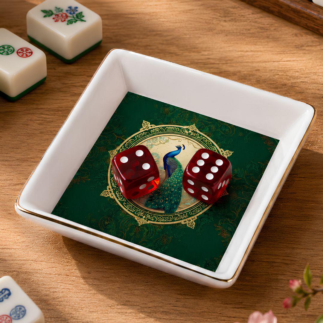 Mahjong Dice Dish Tray with Gold Trim, Ceramic Catchall for Tiles, Game Night Decor, Gift for Mahjong Lovers and Tabletop Players
