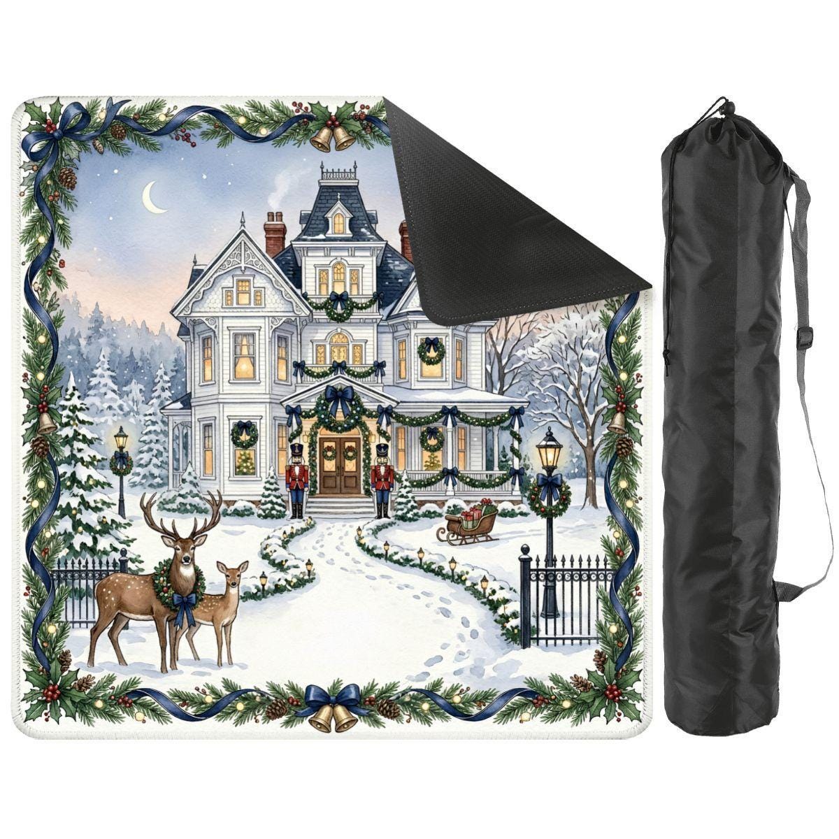 Christmas Mansion Mahjong Mat Set, Winter Deer Holiday Game Mat with Carry Bag, Mahjong Gift for Game Night 31.5"x31.5" (Ship Rolled up)