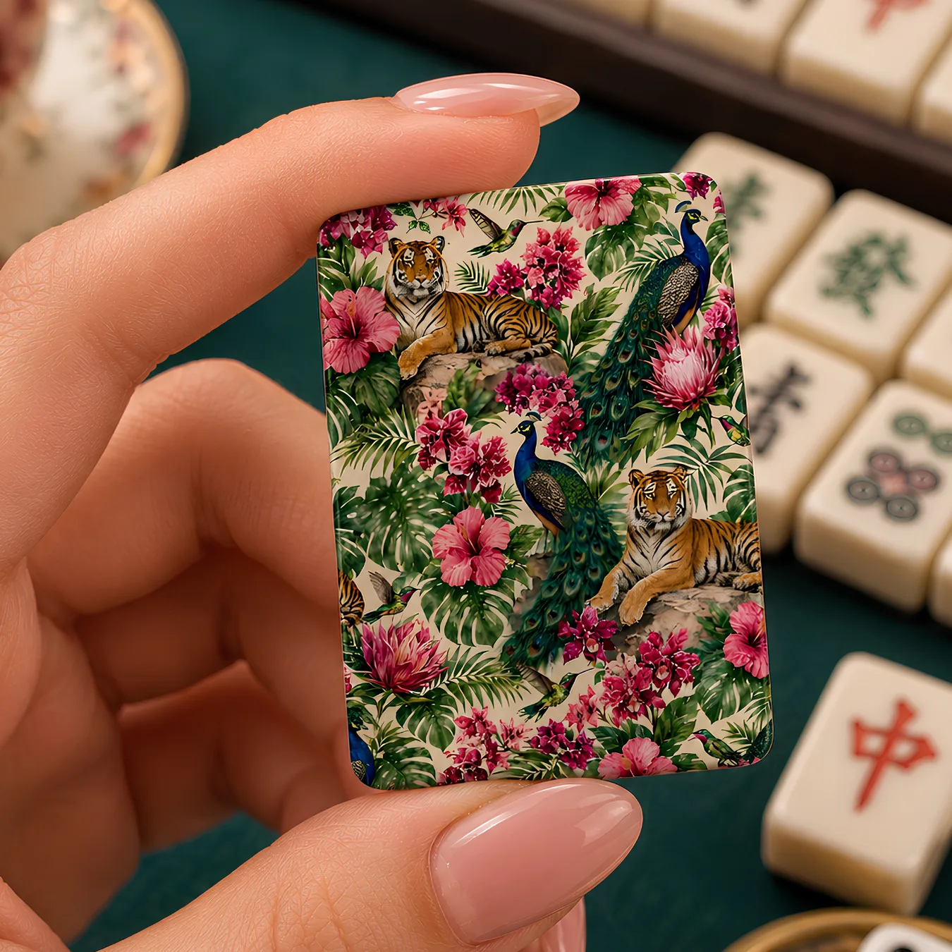 Tropical Mahjong Tiles, Tiger Peacock Floral Tile Set, Exotic Jungle American Mahjong Gift for Game Night Players and Tile Lovers, 160 pcs